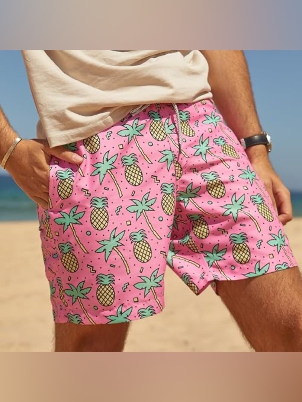 Men's Pink Pineapple Print Swim Trunks